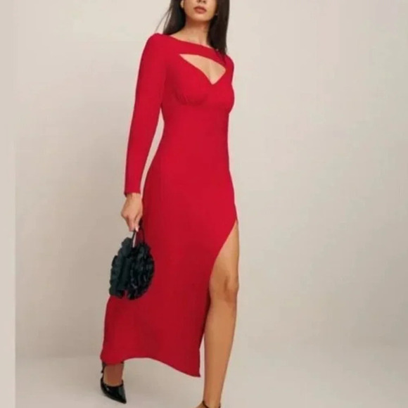 Reformation Dresses & Skirts - NEW Reformation Kalani Long Sleeve Midi Slit Dress in Cherry Red | size 2